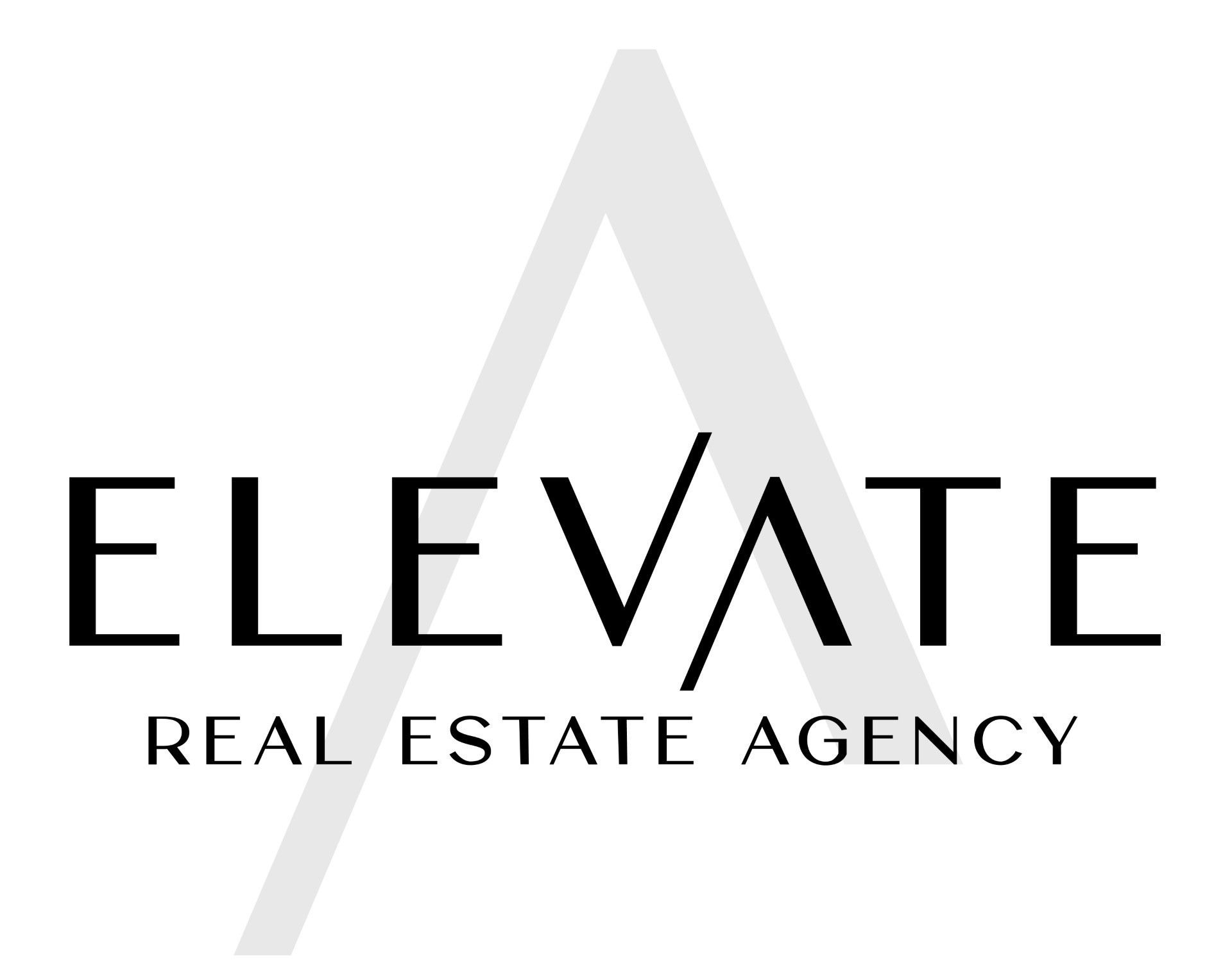 Logo for Elevate Real Estate Agency featuring the brand name in black with a stylized 'A' background.