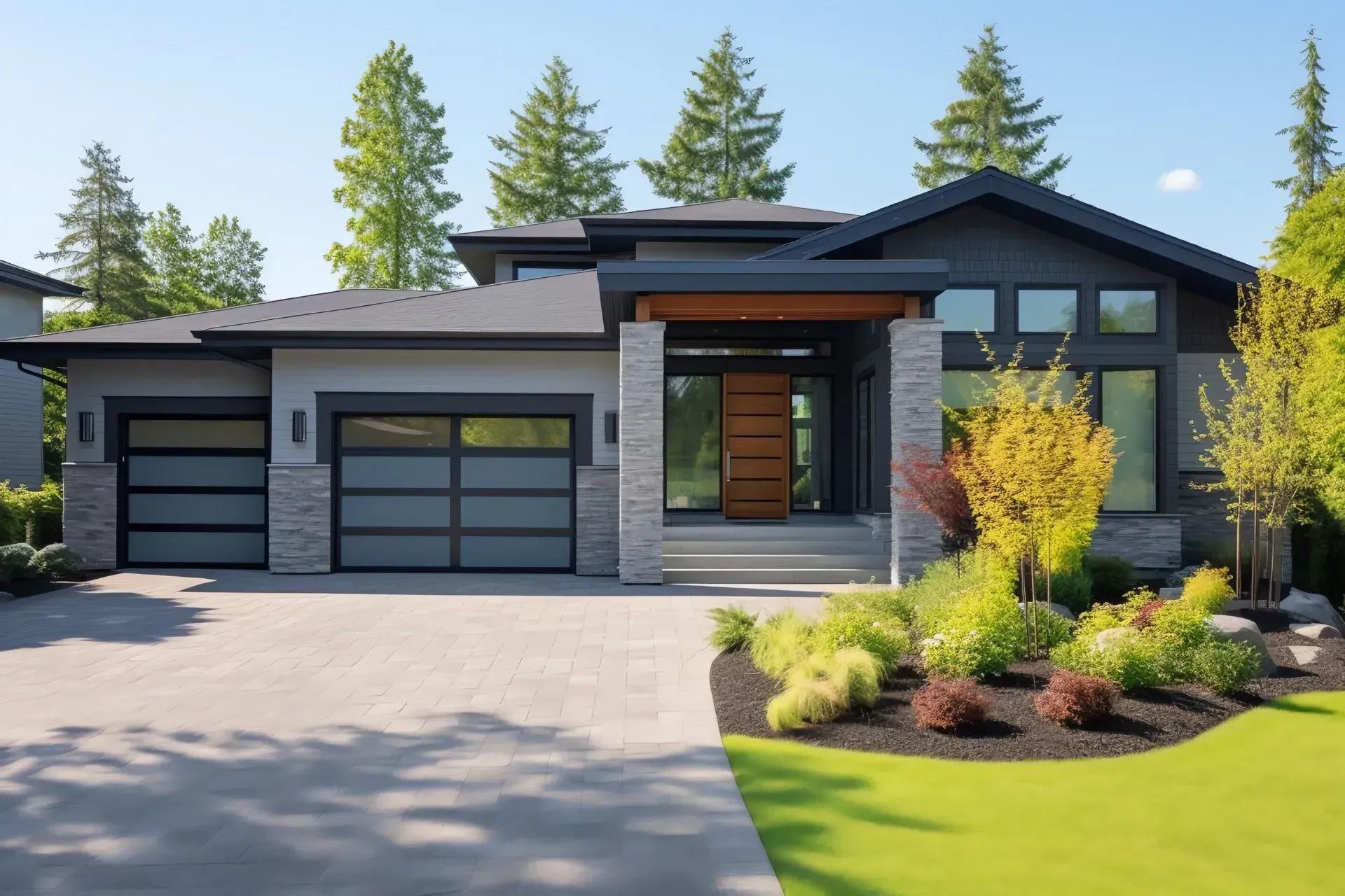 A modern single-story suburban house with a gray exterior, two-car garage, wooden front door, and manicured landscaping.