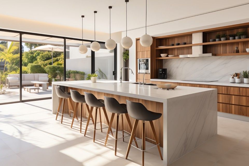 Modern kitchen with marble island, wooden bar stools, pendant lights, and large glass doors opening to a patio