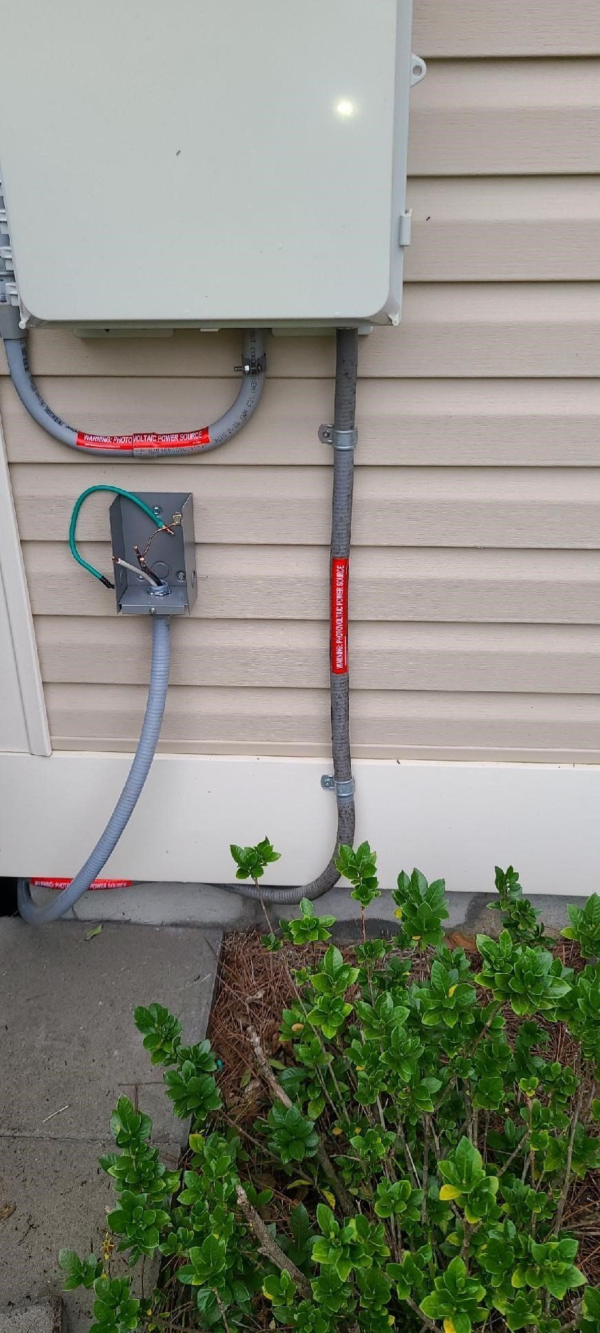 A close up of a power box on the side of a house next to a bush.