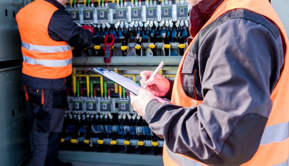 Two men are working on a electrical panel and one is writing on a clipboard.