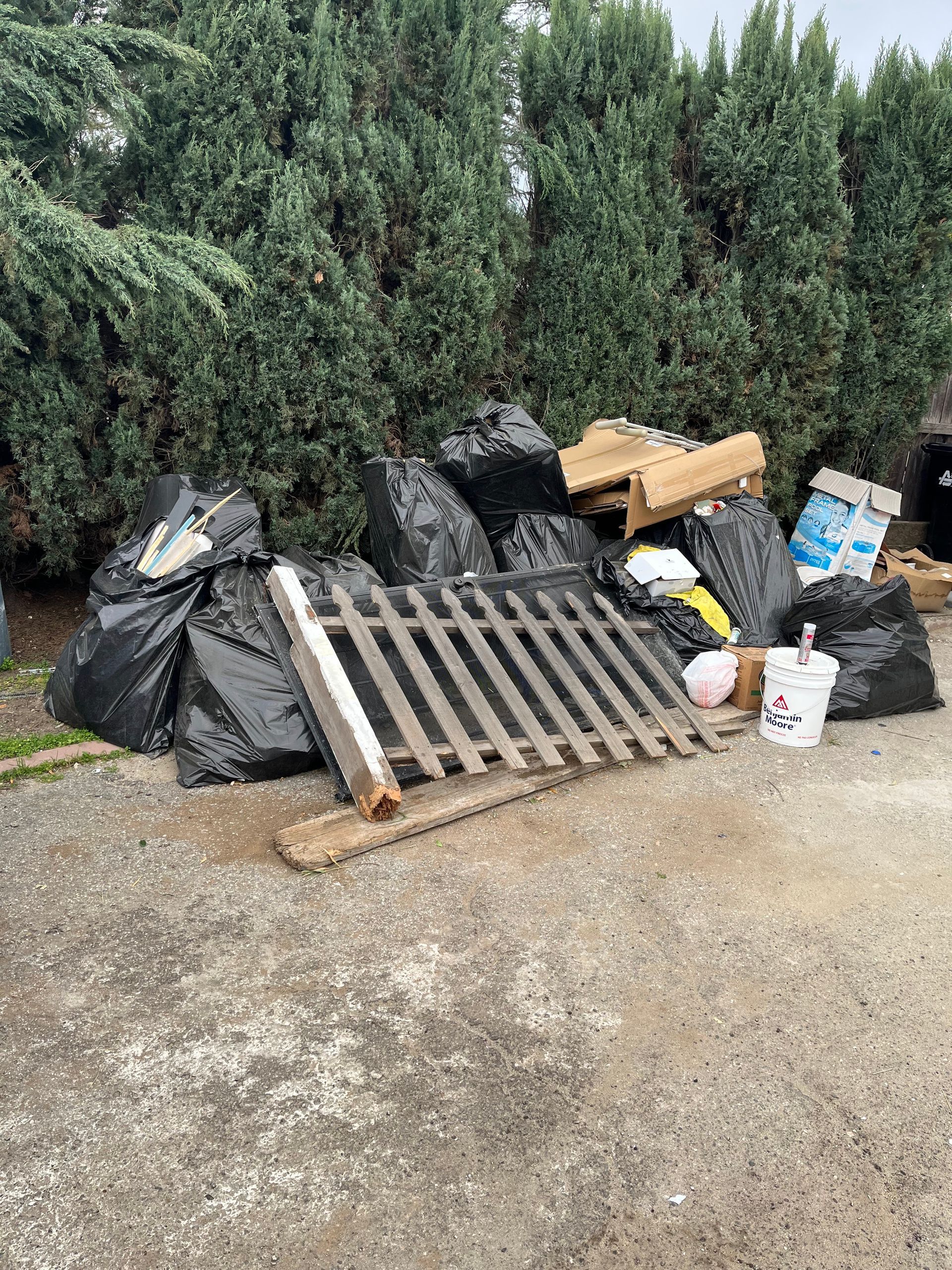 A pile of black garbage bags, a wooden garden fence panel, and a white bucket set against a backdrop of tall hedges.