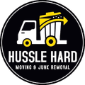 Circular logo for Hussle Hard Moving & Junk Removal featuring a white truck and a yellow dumpster on a black background.