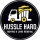 Circular logo for Hussle Hard Moving & Junk Removal featuring a white truck and a yellow dumpster on a black background.