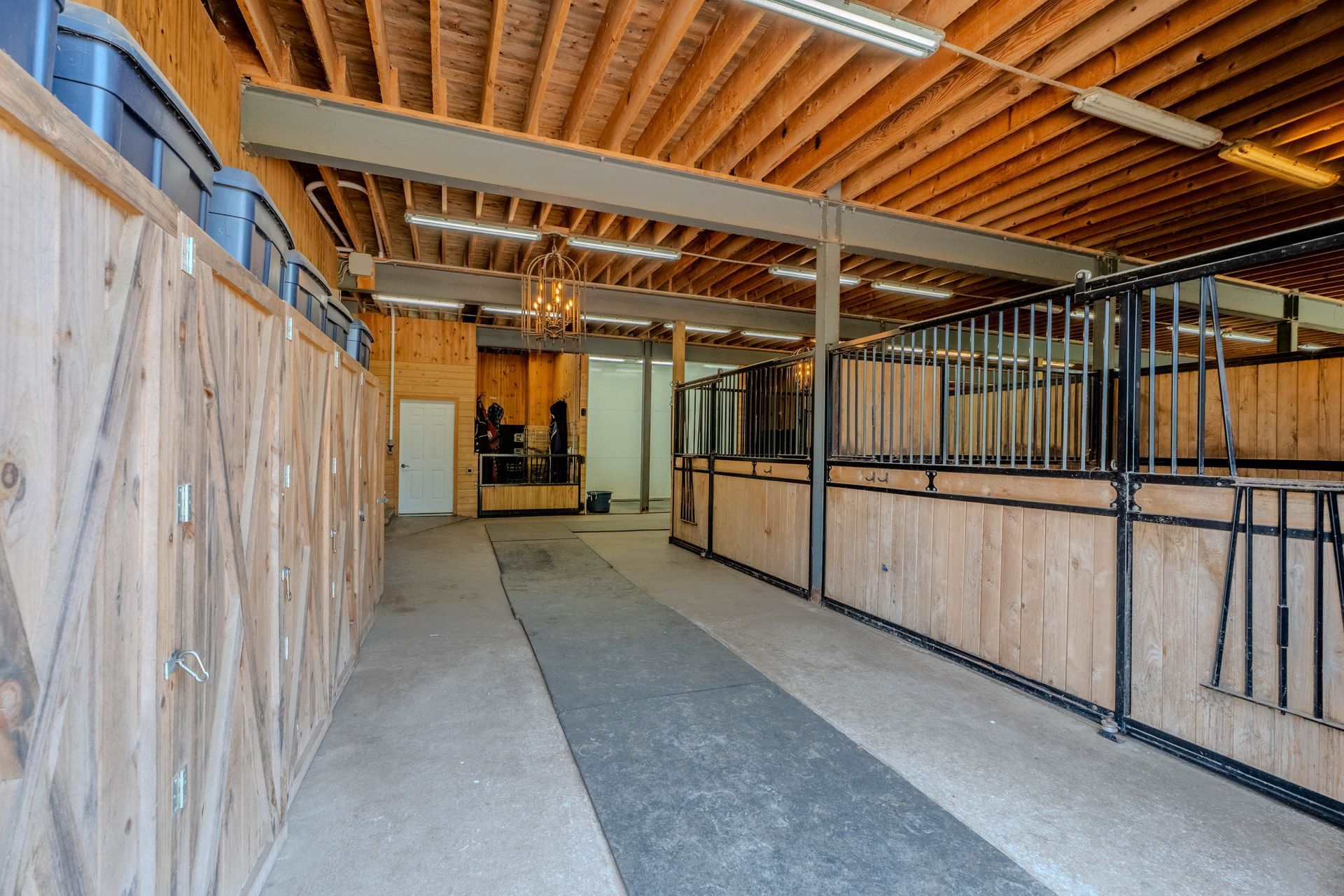 A horse stable with wooden walls and a concrete floor.