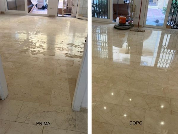 Prima e dopo stuccatura, levigatura e lucidatura pavimenti marmo