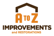 Logo for A to Z Improvements and Restorations featuring brown roof icon above orange text with brown text below.