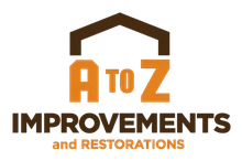 Logo for A to Z Improvements and Restorations featuring brown roof icon above orange text with brown text below.