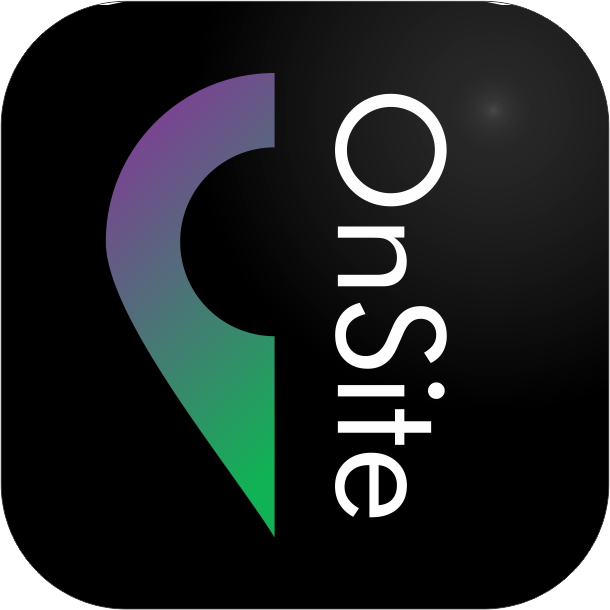 An app icon for onsite with a purple and green arrow