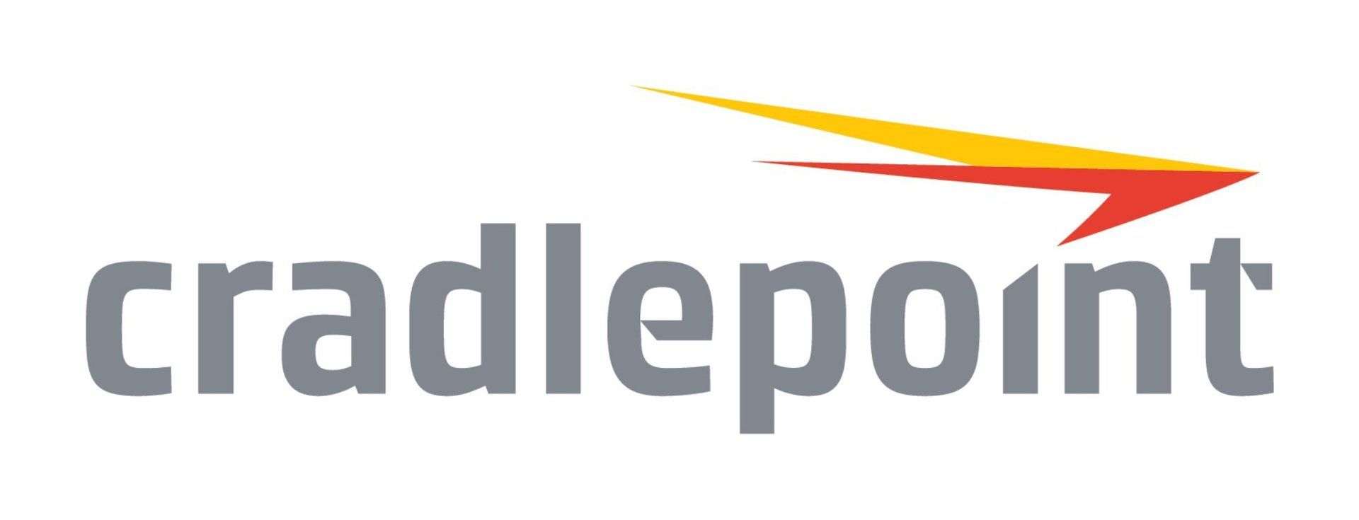 A cradlepoint logo with a yellow and red arrow on a white background.