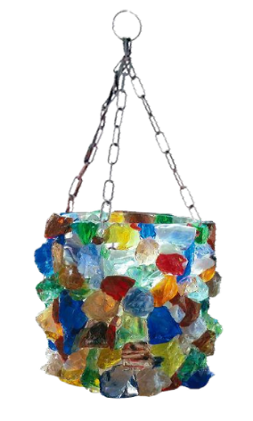 A colorful glass hanging from a chain on a white background
