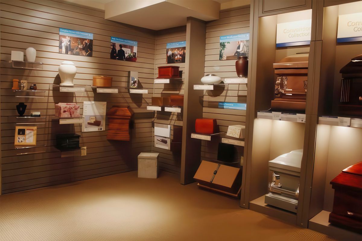 Funeral home showroom with urns and caskets displayed on shelves.