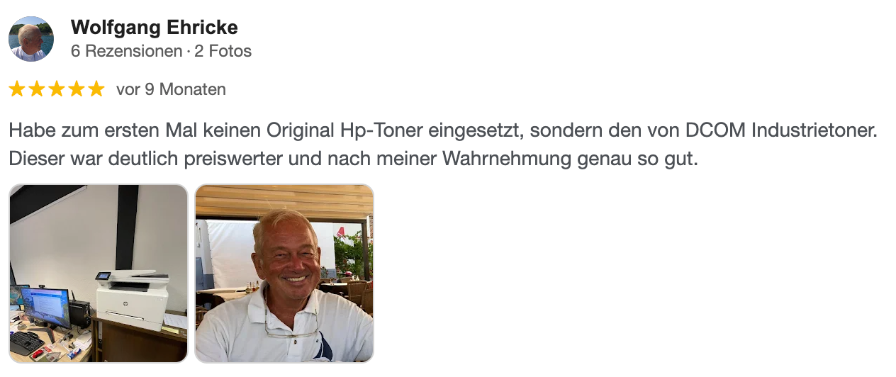 Produktrezension, lächelnde Person neben zwei Bildern, Text über Druckertoner.