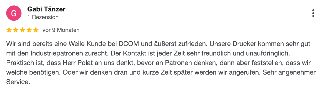 Rezension von Gabi Thraar mit 5 Sternen. Text, der DOOM und seinen Service lobt.