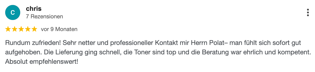 Rezension mit 5 Sternen von „chrie“. Der Text lautet: „Sehr zufriedenstellender und professioneller Kontakt“.