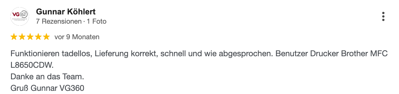 Kundenrezension mit 5 Sternen: „Funktioniert einwandfrei. Lieferung korrekt, schnell und wie vereinbart.“