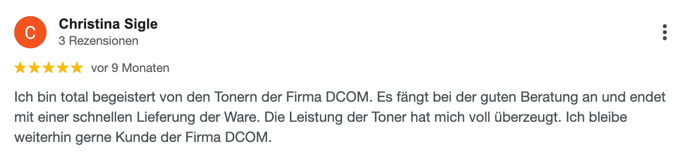 Produktrezension; positive 5-Sterne-Bewertung mit Text in deutscher Sprache.