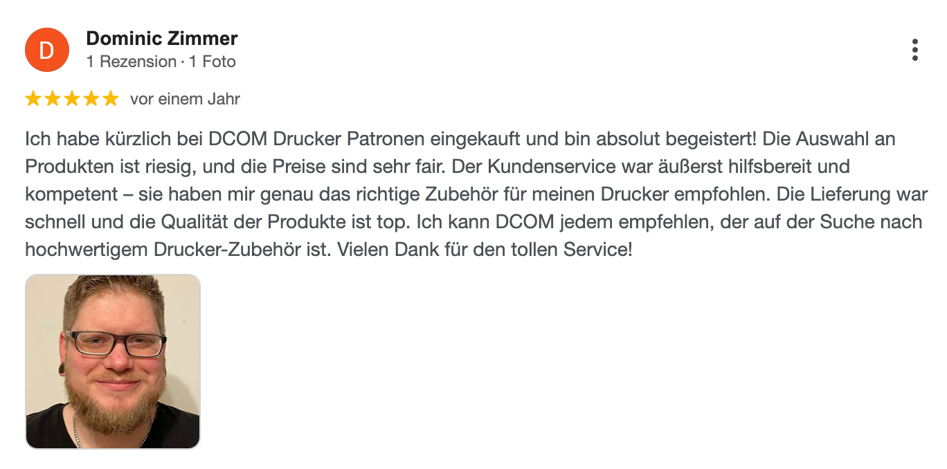 Kundenrezension eines Produkts mit Foto, 5 Sterne, mit einer deutschen Produktrezension.