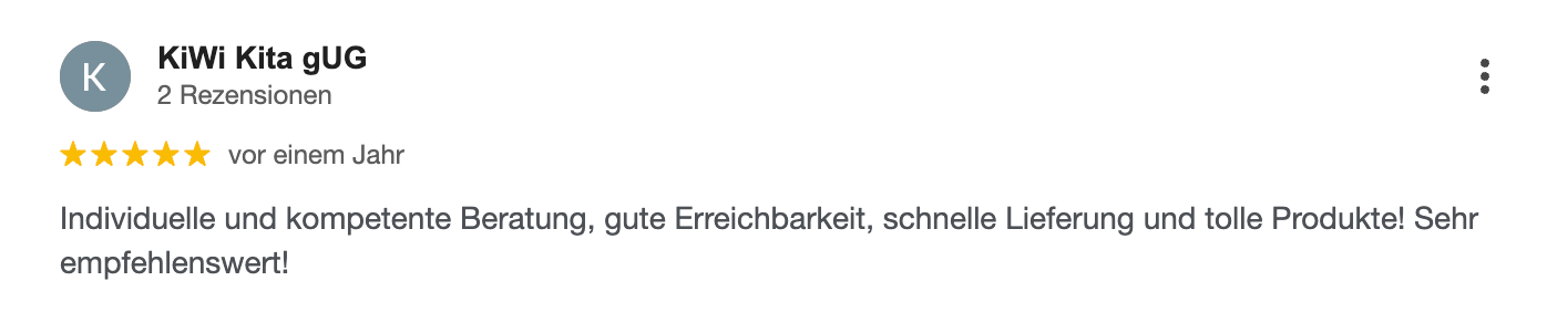 Rezension von KMW, Fünf-Sterne-Bewertung und Kommentar: „Individuelle und kompetente Beratung, gute Erreichbarkeit, schnelle Lieferung und Top-Produkt. Sehr empfehlenswert!“