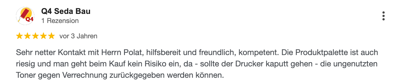 Bewertung eines Unternehmens. Sternebewertung: 5 von 5. Der Text ist auf Deutsch.