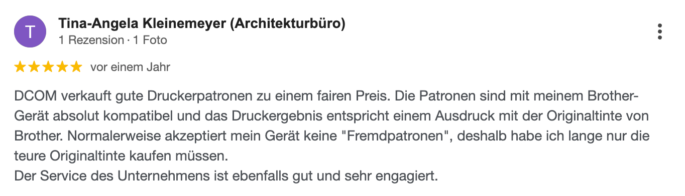 Bewertung eines Unternehmens von Tina-Angela Kleinemeyer mit 5 Sternen. Text in deutscher Sprache.