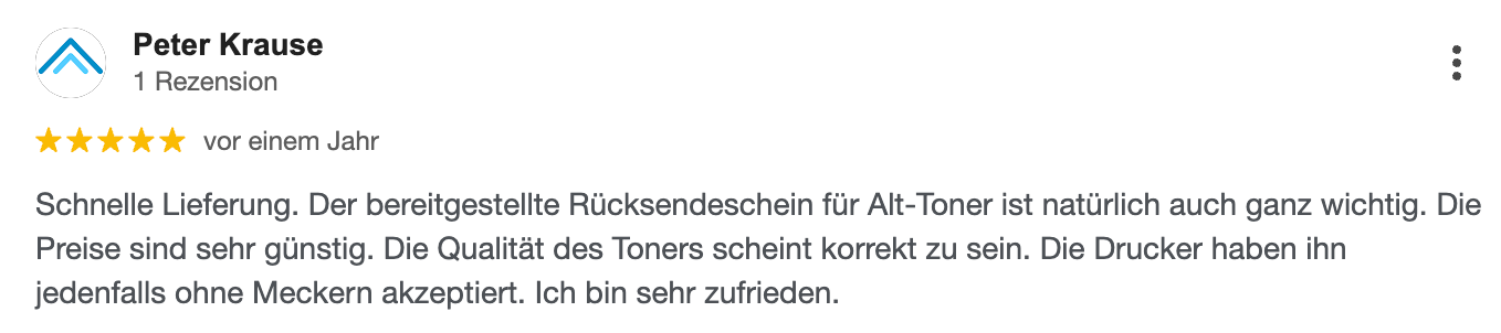 Eine Kundenrezension mit fünf Sternen. Darin werden die schnelle Lieferung und der gute Preis gelobt, aber einige Mängel erwähnt.