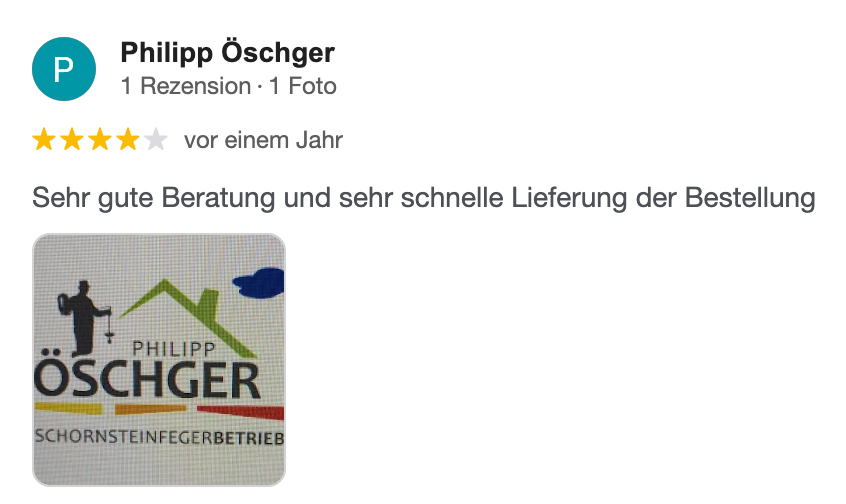 Rezension mit fünf Sternen von Philipp Öschger, der die gute Beratung und die schnelle Lieferung lobt. Mit Logo.
