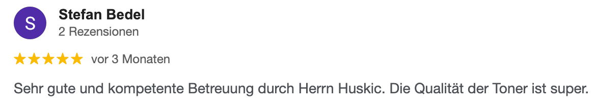 Rezension von Stefan Bedel: Exzellenter Service; die Tonerqualität ist hervorragend.
