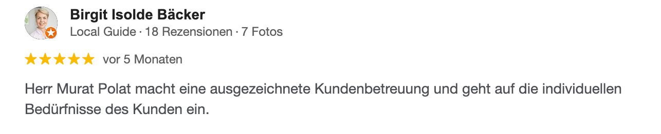 Rezension mit 5 Sternen und Text von Birgit IB, in der der hervorragende Kundenservice und die Installation gelobt werden.