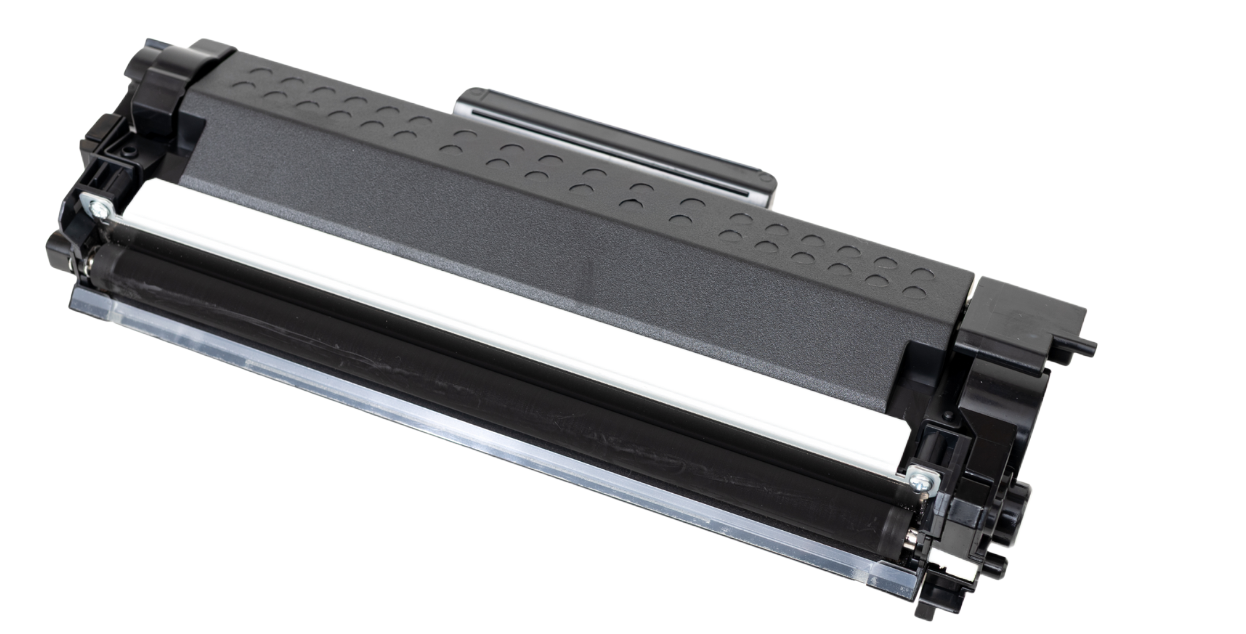 Ein Stapel aus vier Farbtonerkartuschen: Cyan, Gelb, Magenta und Schwarz, mit blauen Griffen.