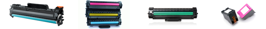 Vier verschiedenfarbige Tonerkartuschen.