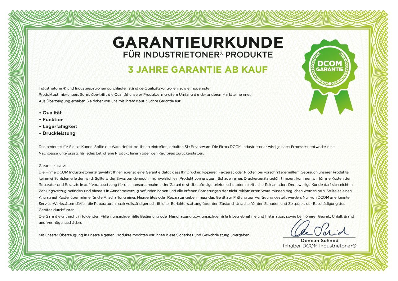 Garantiezertifikat mit grünem Farbverlaufrand und Logo, das eine 3-jährige Garantie für Industrieprodukte aussagt.