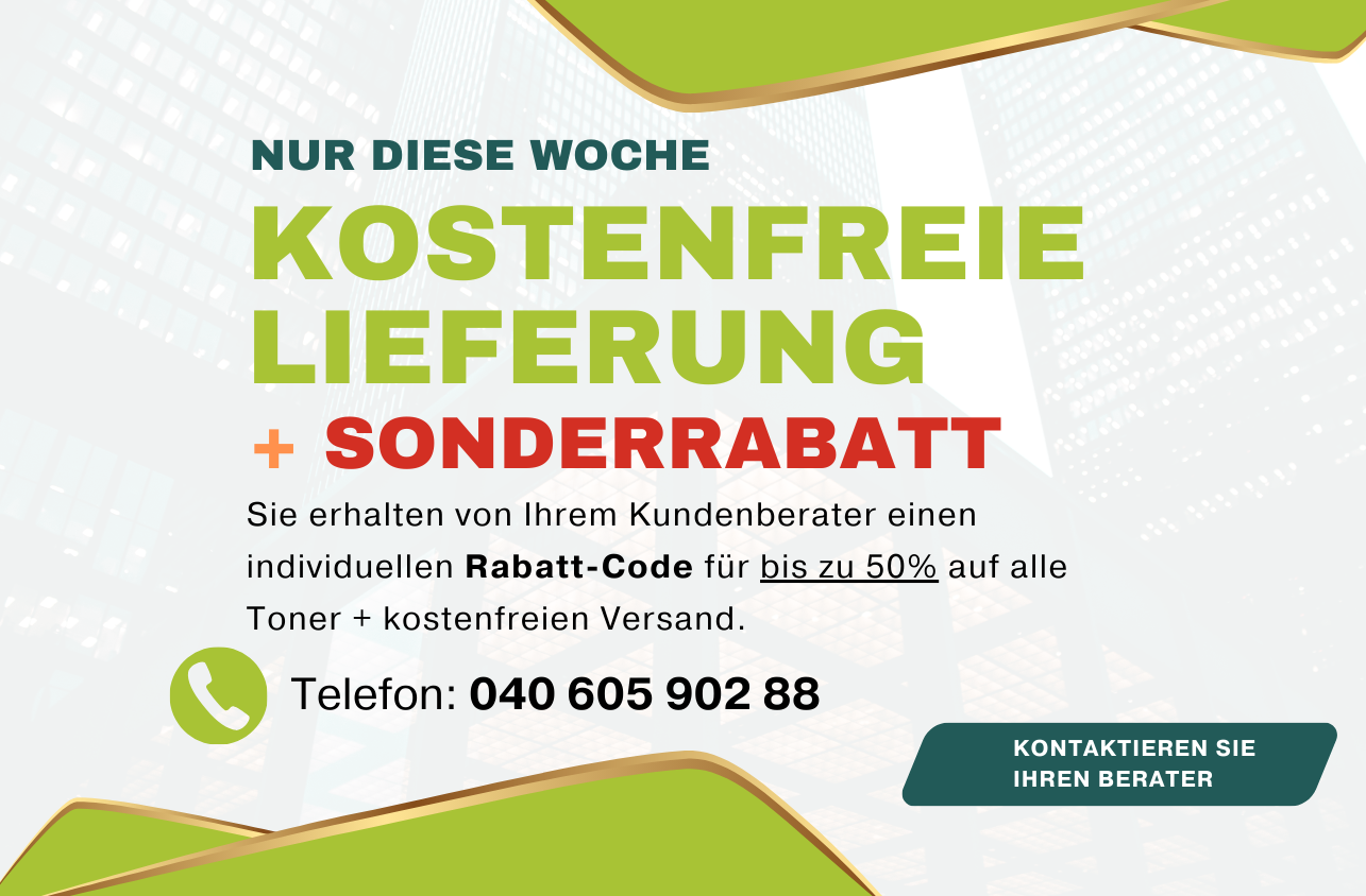 Werbung für kostenlosen Versand und Sonderrabatt auf Tonerkartuschen. Grün-gelbes Design. Telefonnummer angegeben.
