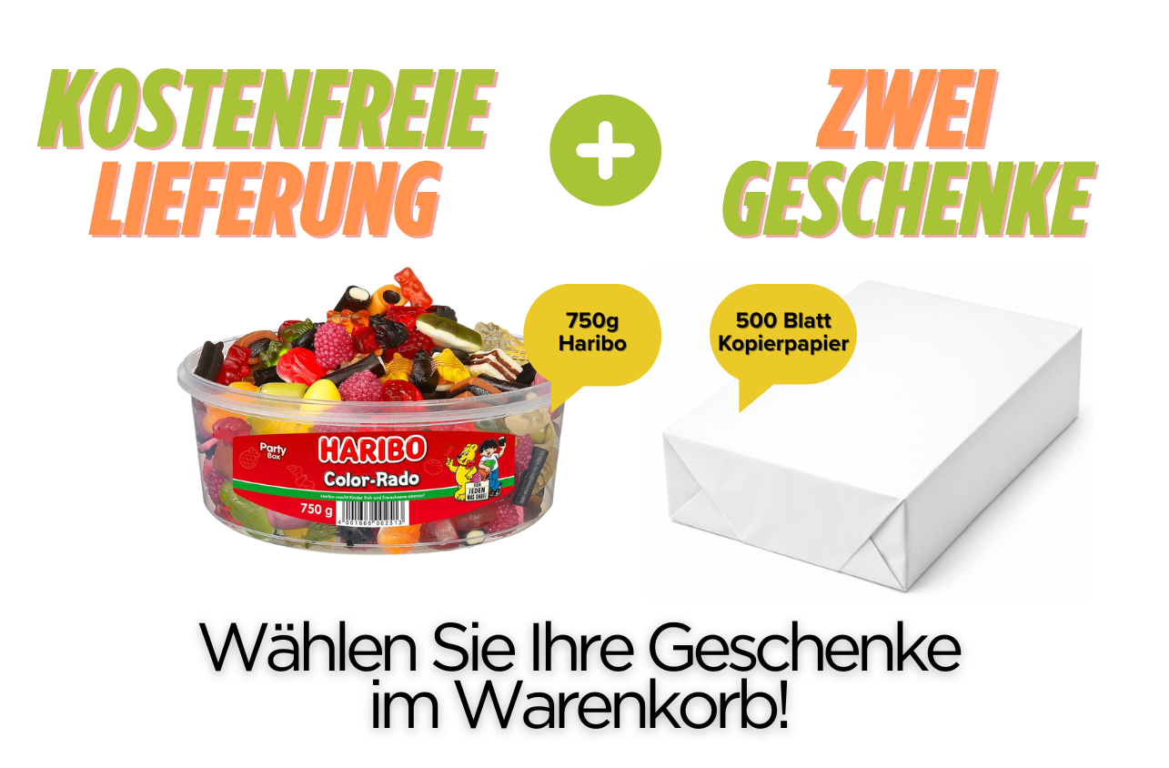 Gratis-Lieferung plus zwei Geschenke: Haribo-Süßigkeiten und Kopierpapier.
