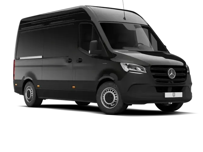 A black mercedes van is parked on a white background.