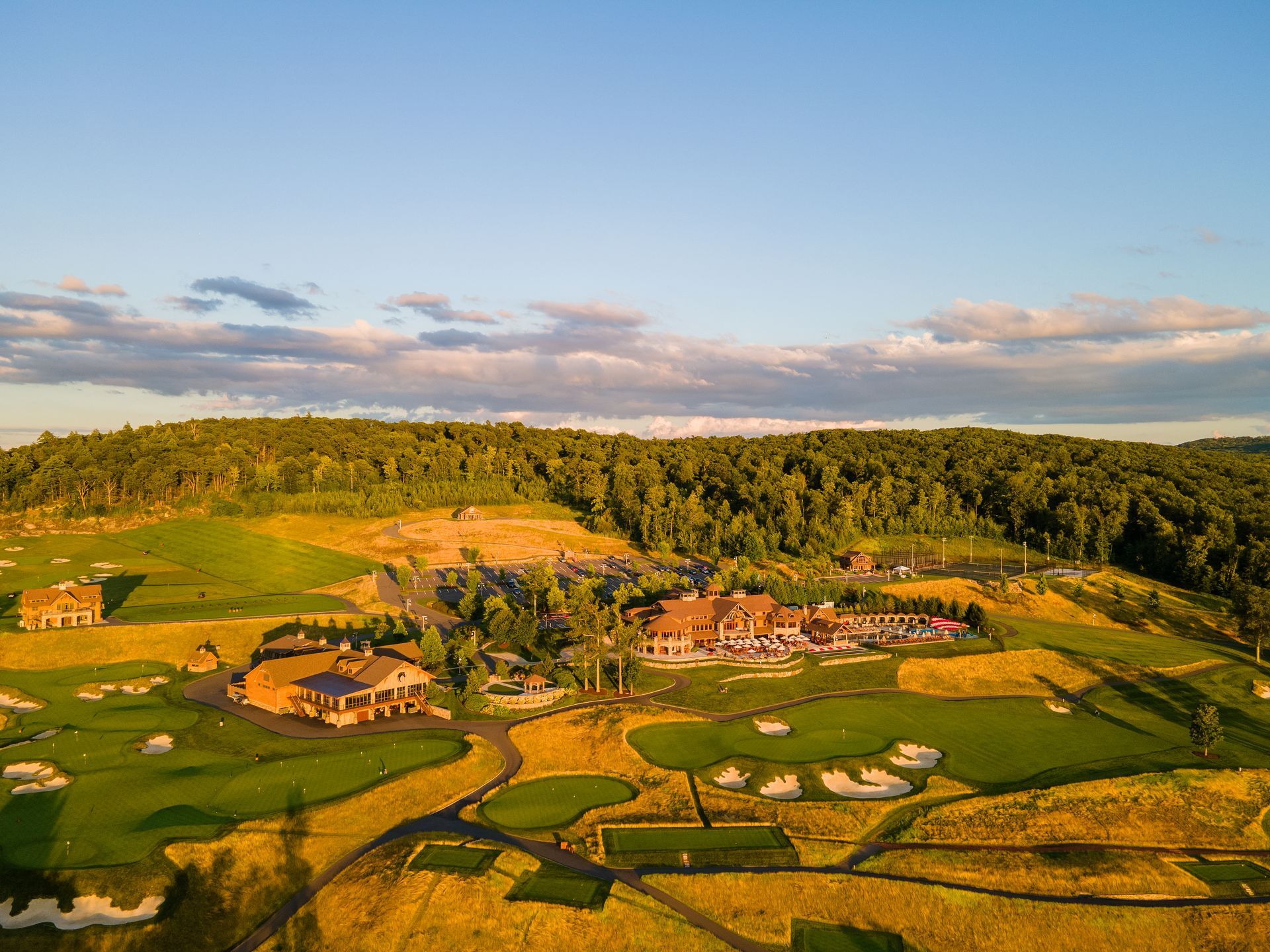 Aerial view of the clubhouse and surrounding structures