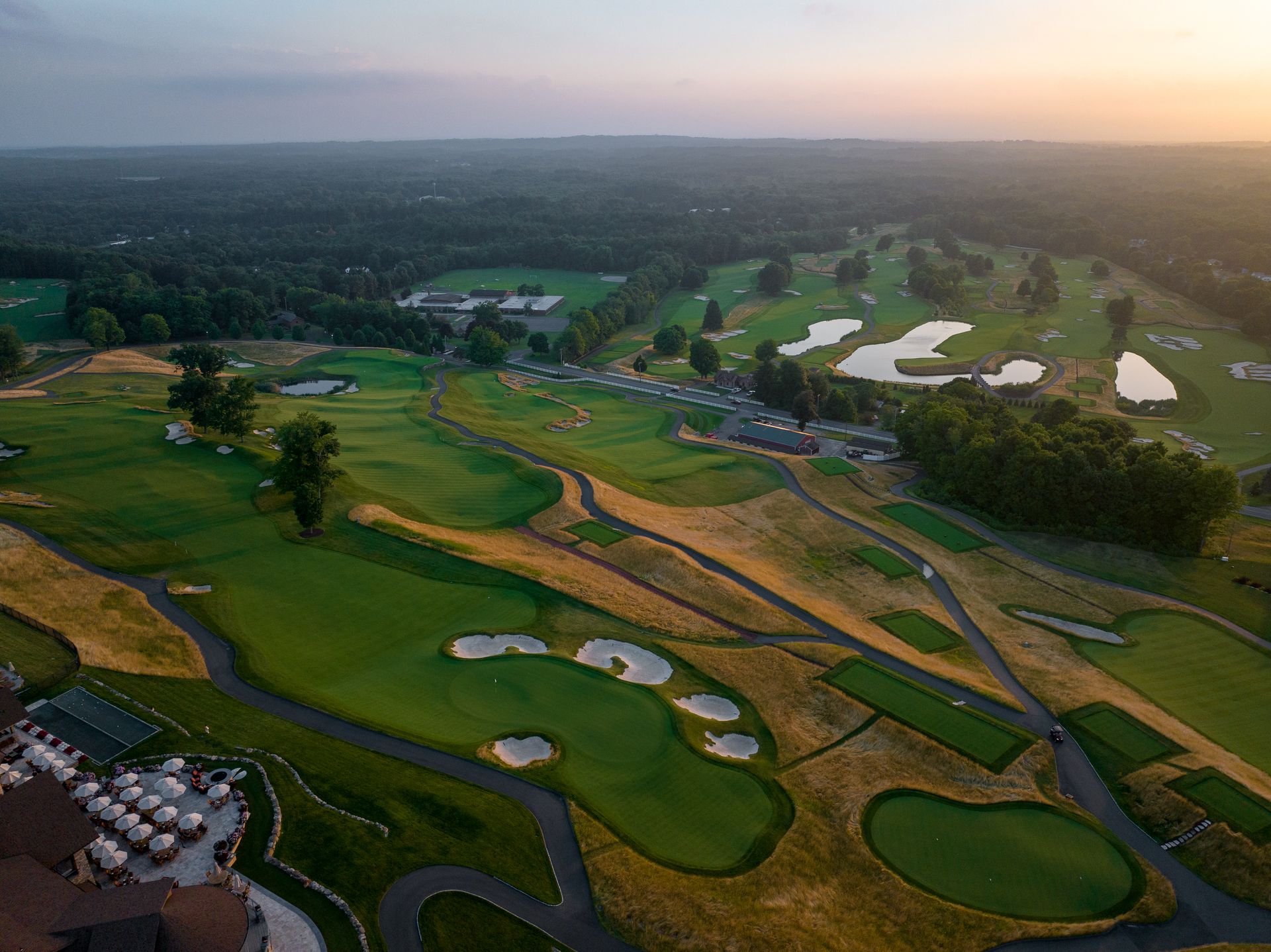 Aerial view of golf course from above the clubhouse
