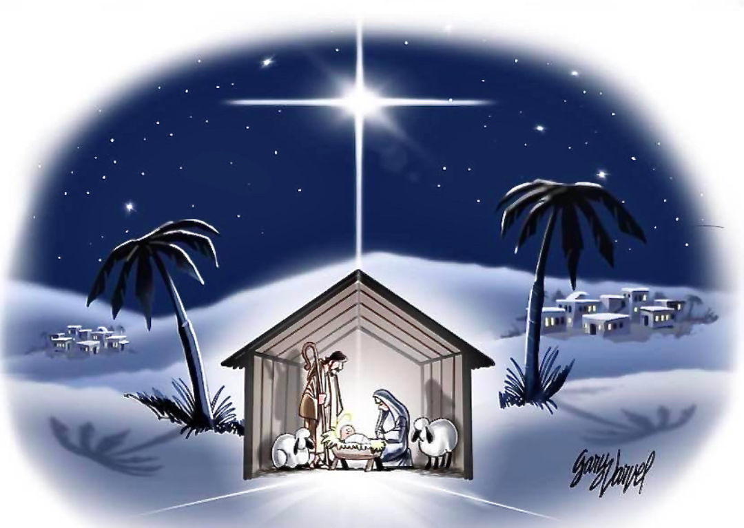 A nativity scene with a star in the sky