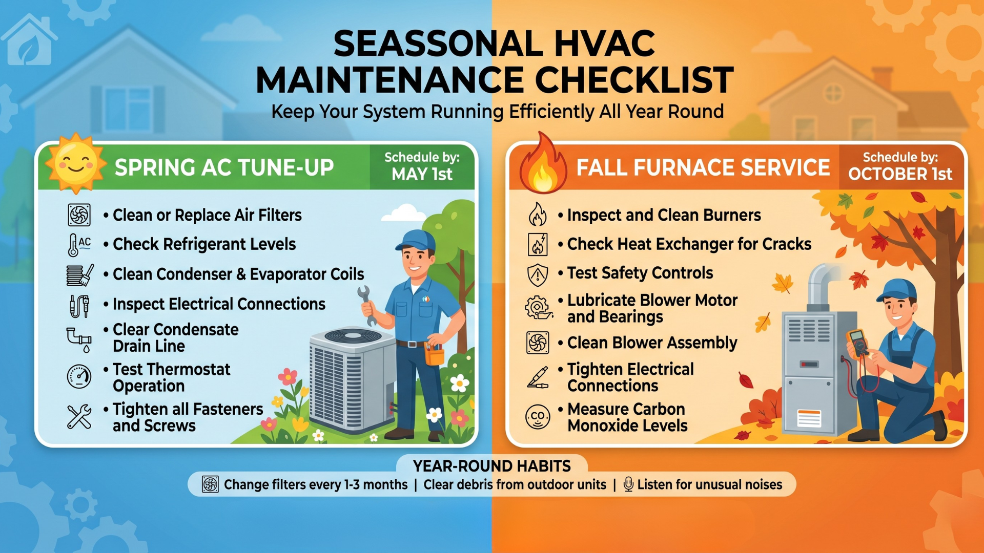 HVAC maintenance schedule with spring AC tune-up and fall furnace service
