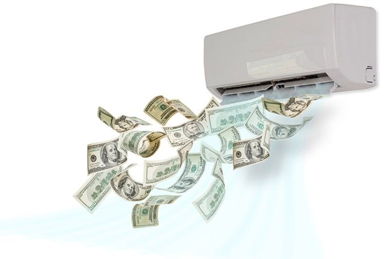 Money is coming out of an air conditioner on a white background.