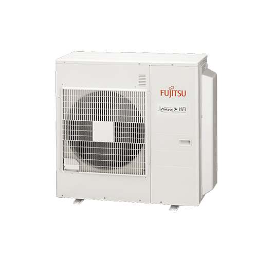 A white fujitsu air conditioner is sitting on a white surface.