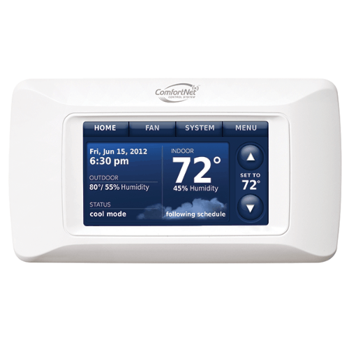 A white thermostat with a blue screen shows the temperature is 72 degrees fahrenheit.
