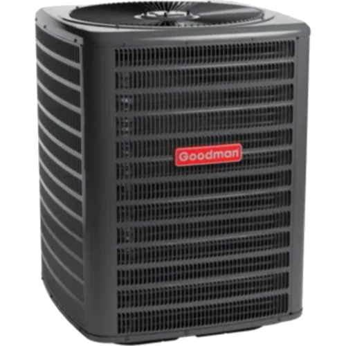 A goodman air conditioner is shown on a white background