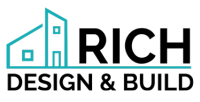 Logo for Rich Design & Build: blue house outline with black text.