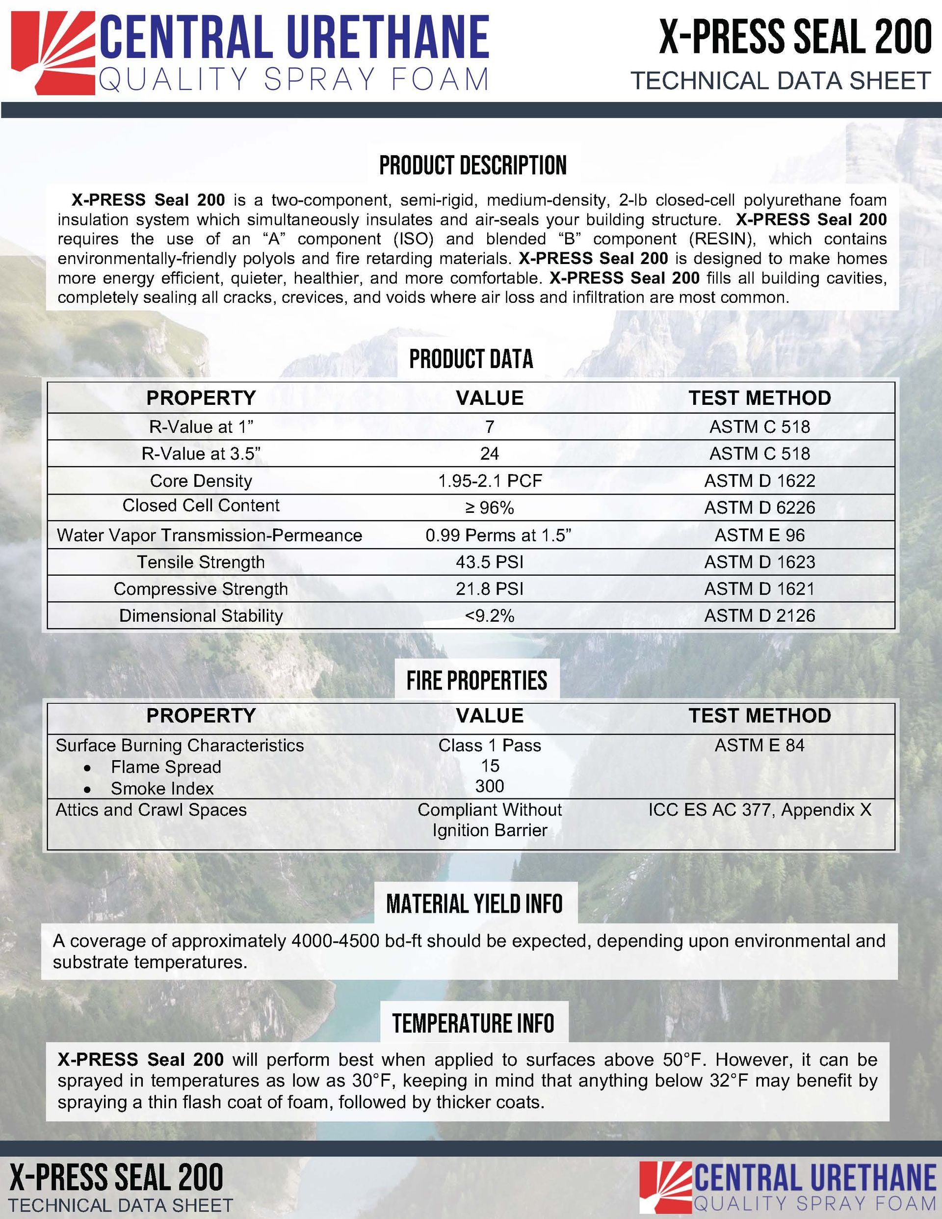 Technical data sheet for X-PRESS SEAL 200 by Central Urethane. Contains product information, properties, and applications.