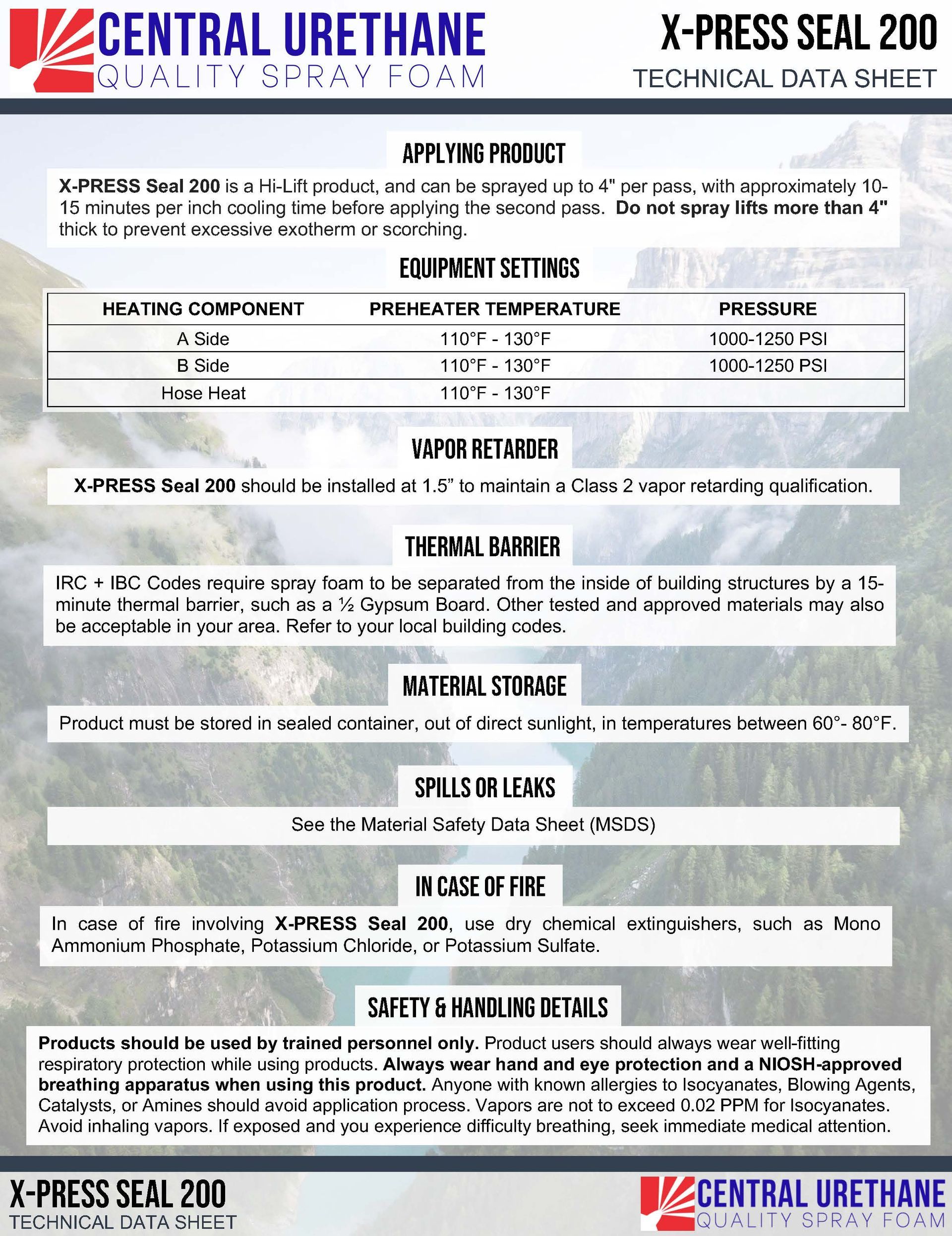 Technical data sheet for X-PRESS Seal 200, from Central Urethane, with text and a mountain backdrop.