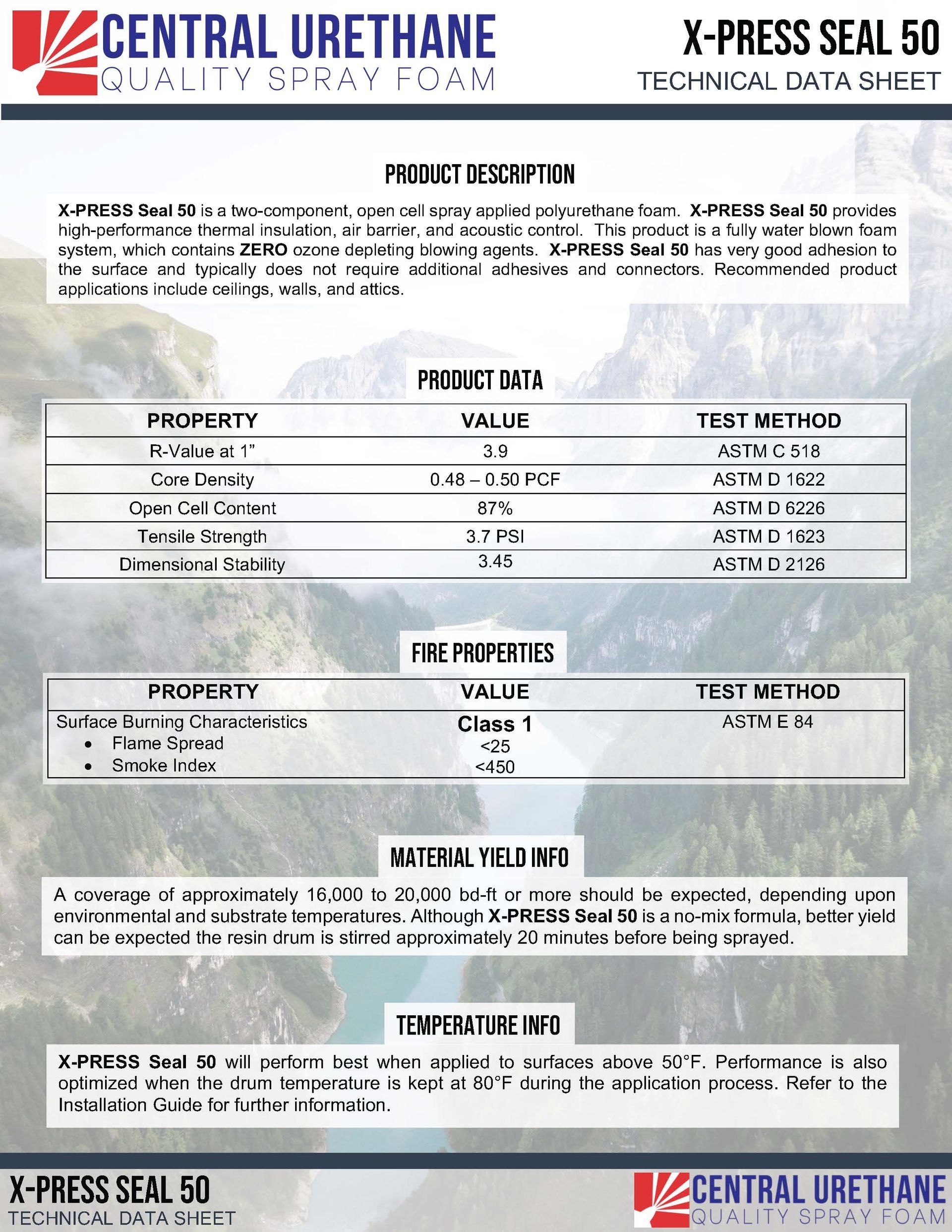 Technical data sheet for X-Press Seal 50 spray foam by Central Urethane.