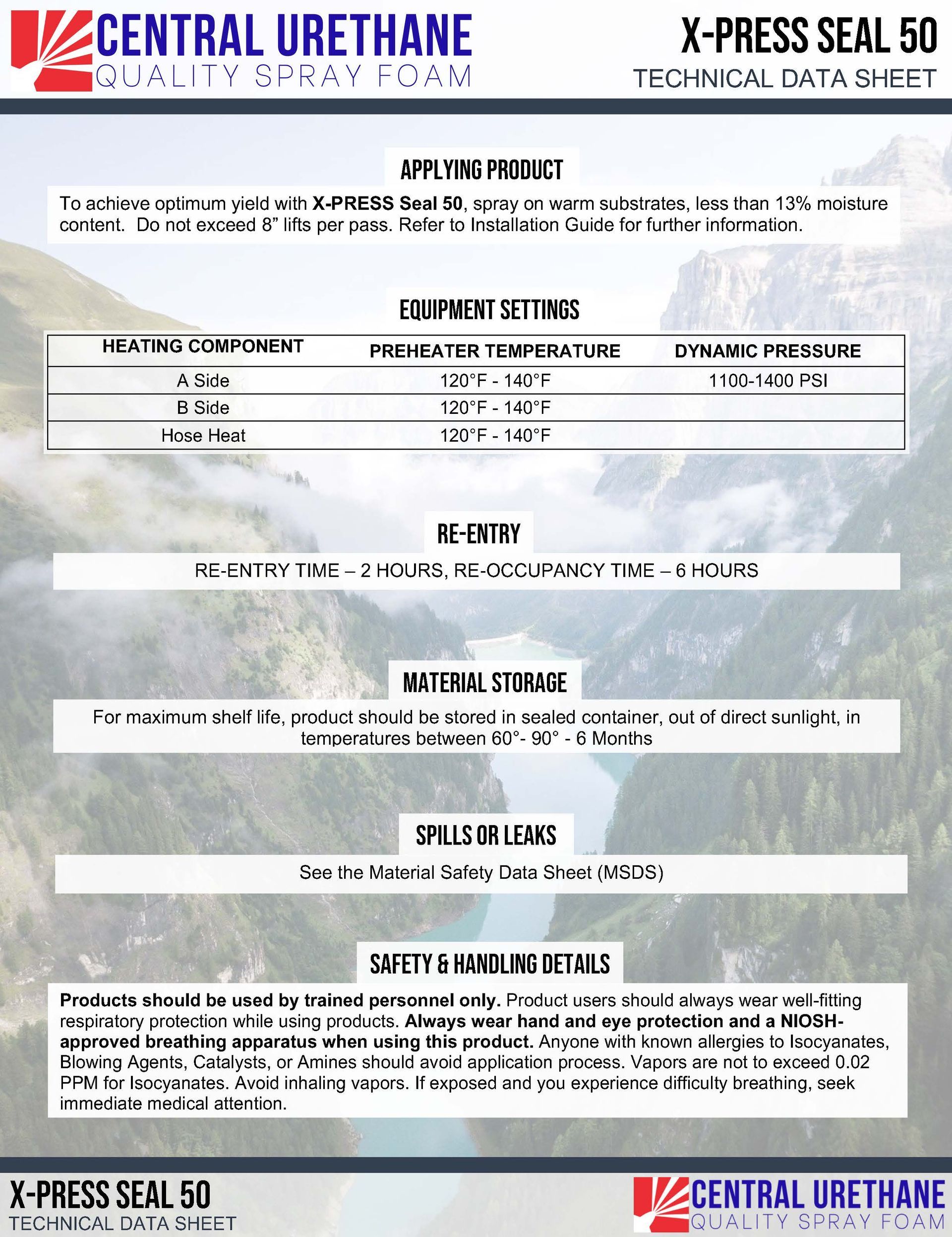Technical data sheet for Central Urethane's X-Press Seal 50, featuring product details and specifications.
