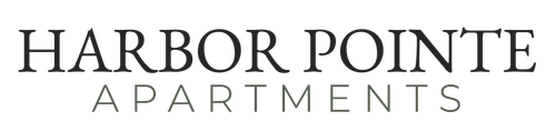 "Harbor Pointe Apartments" logo in black serif font; "APARTMENTS" in a lighter gray below.