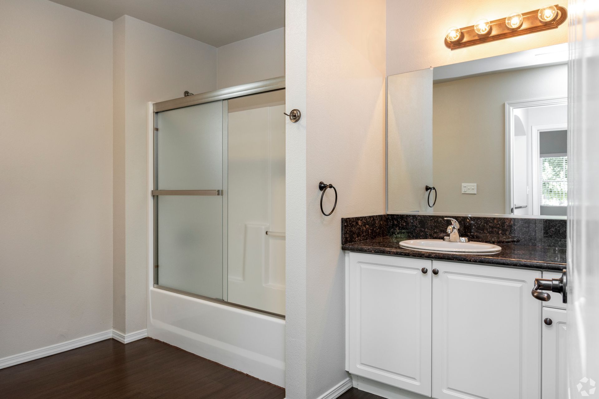 Bathroom with a white vanity, dark countertop, frosted shower door, and dark wood floors.